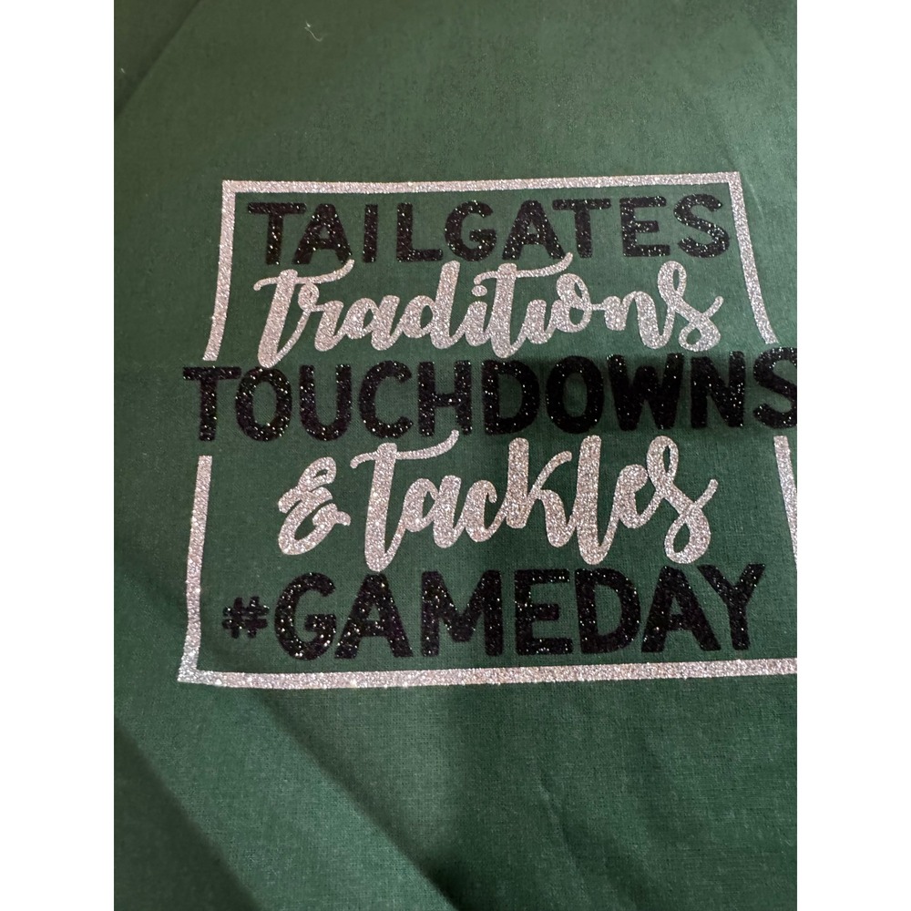Tailgates Traditions Touchdowns & Tackles Gameday Glitter Graphic T-Shirt Green - Picture 2 of 2